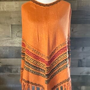 Baby Alpaca Orange Poncho with Fringe and Pattern one Sz